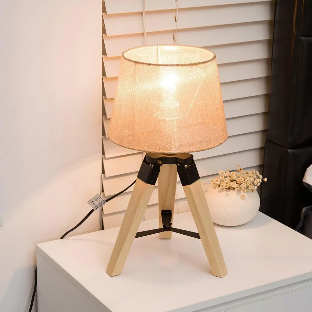 Tischlampe Dreibein Tischleuchte E27 Leinenoptik Kiefer Beige