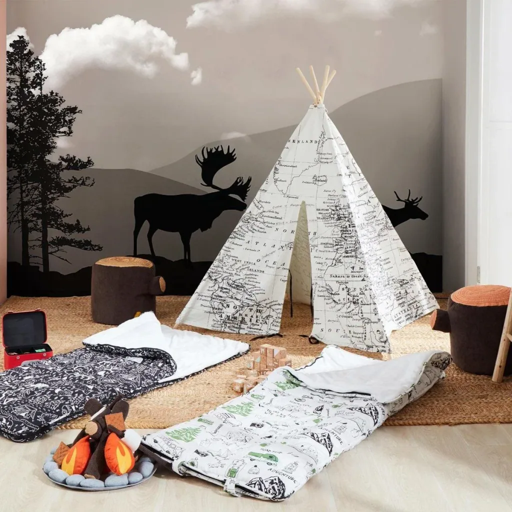 Weltkarte Tipi-Zelt | Schwarz und Weiß | Wigwam Spielzelt|100% Baumwolle|120x120x160cm