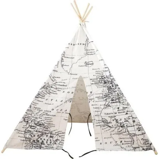 Weltkarte Tipi-Zelt | Schwarz und Weiß | Wigwam Spielzelt|100% Baumwolle|120x120x160cm