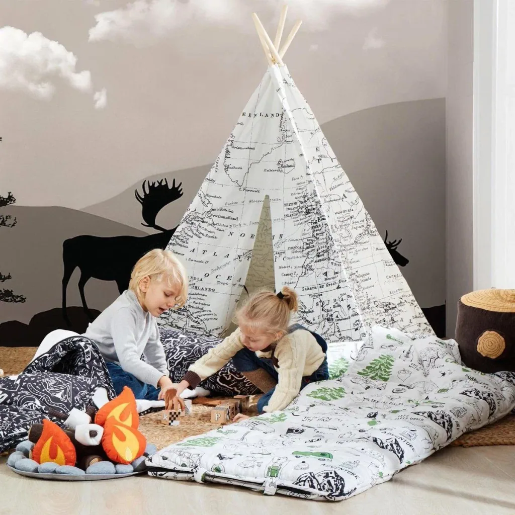Weltkarte Tipi-Zelt | Schwarz und Weiß | Wigwam Spielzelt|100% Baumwolle|120x120x160cm