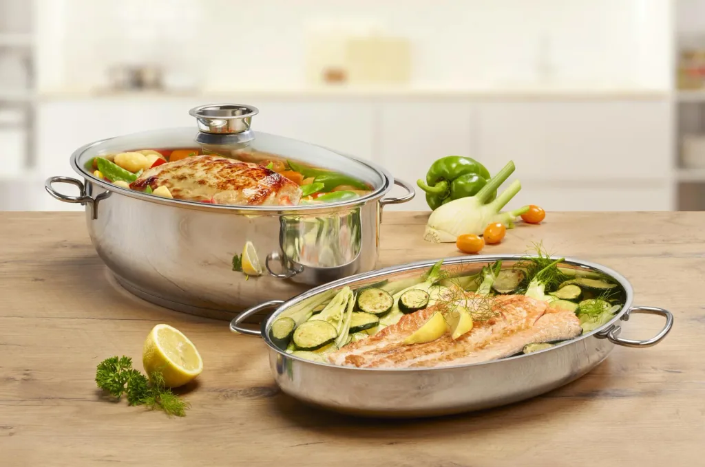 Ovaler Edelstahlbräter 3in1 - 8,5L Bräter + 4 L Deckel + Aromaventil-Deckel