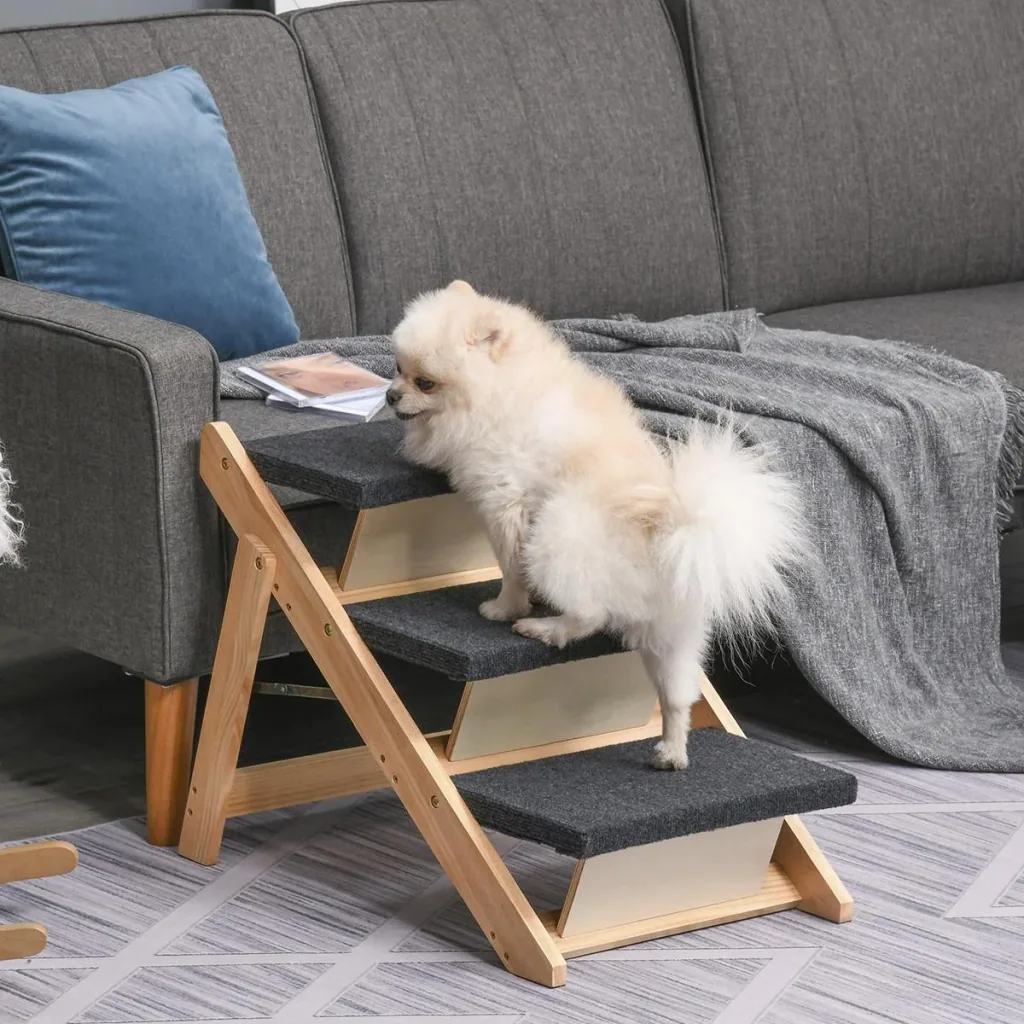 Haustiertreppe 2-in1 Hunderampe Katzentreppe Hundetreppe Faltbar Tiertreppe Kiefernholz Natur+Schwarz 60 x 47 x 50 cm