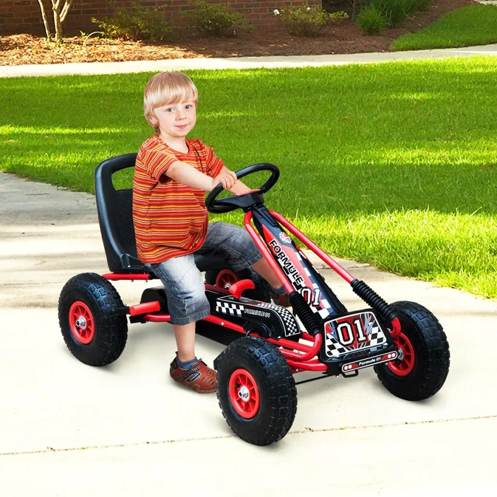 Go Kart Kinderfahrzeug Tretauto mit Pedal Bremsen für 3-8 Jahre Gummiräder Stahl Rot+Schwarz 101 x 61 x 62 cm