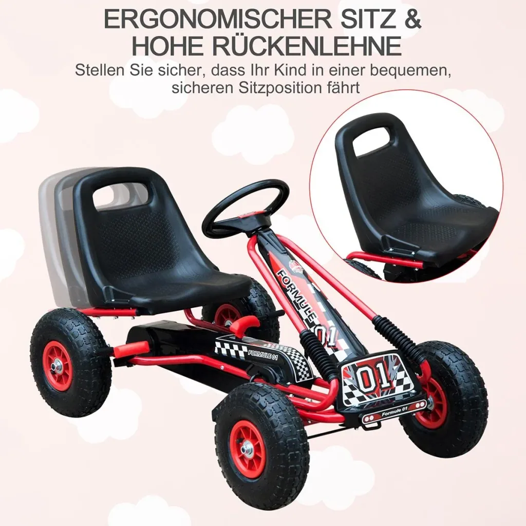 Go Kart Kinderfahrzeug Tretauto mit Pedal Bremsen für 3-8 Jahre Gummiräder Stahl Rot+Schwarz 101 x 61 x 62 cm