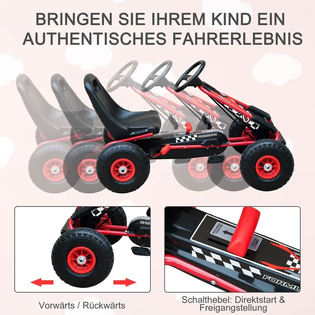 Go Kart Kinderfahrzeug Tretauto mit Pedal Bremsen für 3-8 Jahre Gummiräder Stahl Rot+Schwarz 101 x 61 x 62 cm