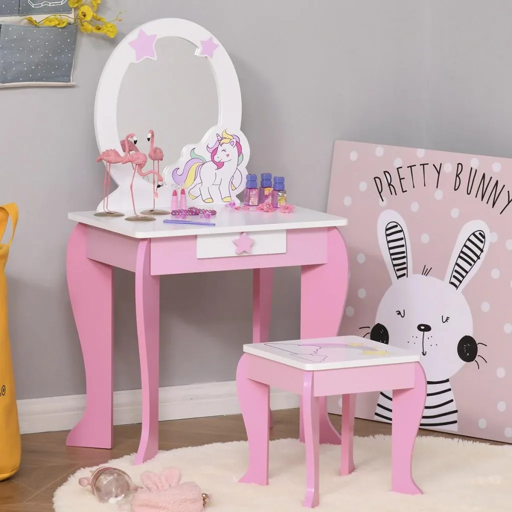 2-Set Kinderschminktisch mit Hocker Frisiertisch Frisierkommode mit Schublade Spiegel für 3-8 Jahre MDF Akryl Rosa+Weiß