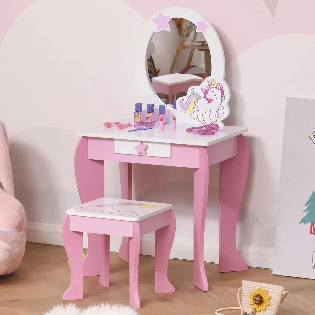 2-Set Kinderschminktisch mit Hocker Frisiertisch Frisierkommode mit Schublade Spiegel für 3-8 Jahre MDF Akryl Rosa+Weiß