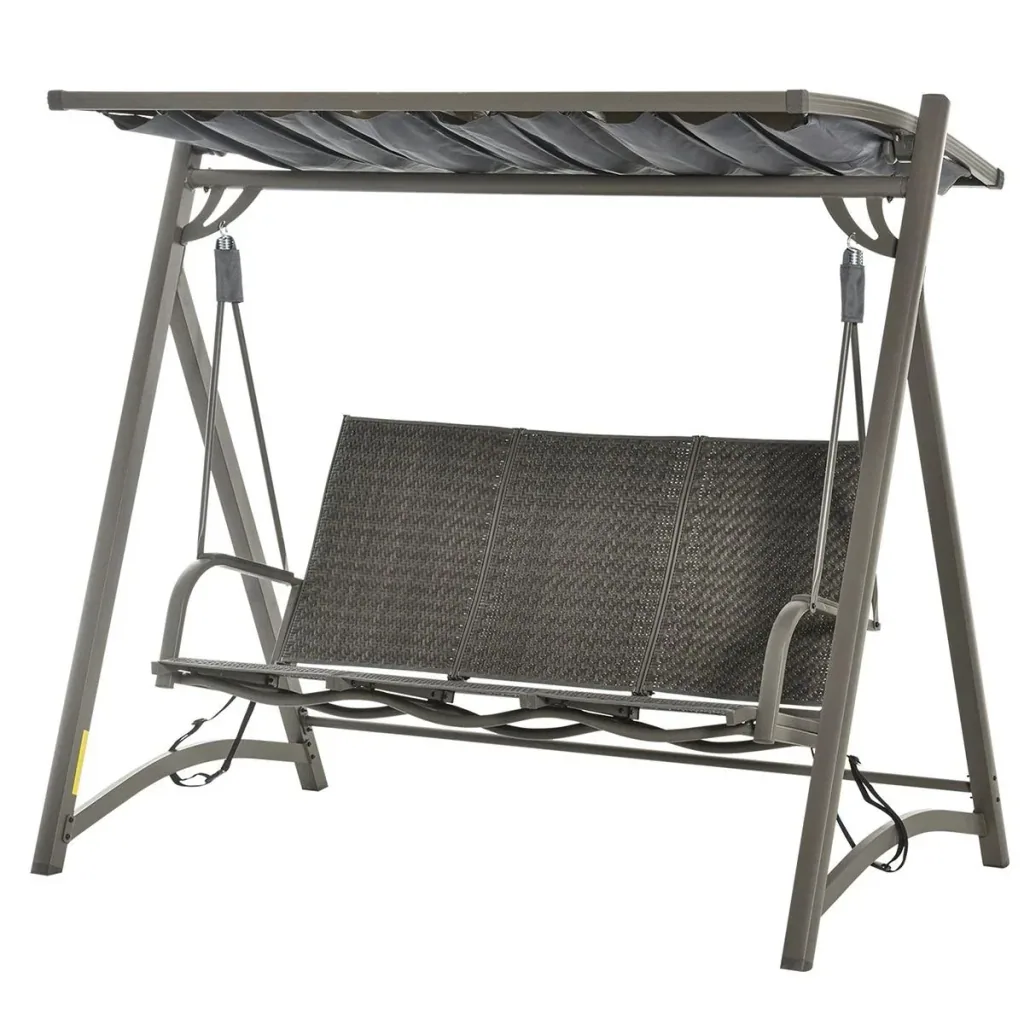 3-Sitzer Rattan Hollywoodschaukel Gartenschaukel mit verstellbares Sonnendach Schaukelbank Aluminium Braun+Grau197 x 122