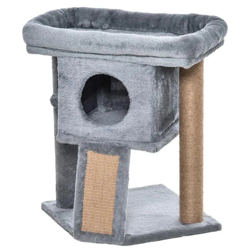 Katzenbaum mit Jute-Kratzmatte Sitzstange hängendem Ball Kratzbrett Katzenmöbel mit Türloch Haustiermöbel MDF Plüsch Jut