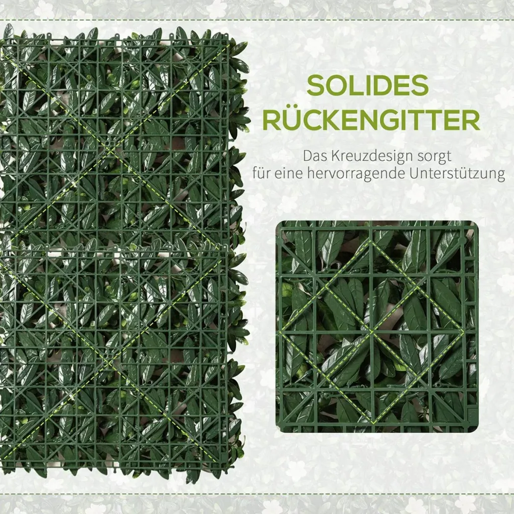 12 Stück künstliches Pflanzenwand Hecke 50x50 cm UV-Schutz Sichtschutz Rhododendronblätter Design Heckenpflanze für Gart