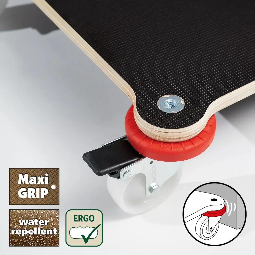 Transporthilfe MM 1370, 60 x 40 x 12,5 cm, harte Rollen Ø 75 mm, Gleitlager, 2 Bremsen, Platte FSC®, Tragkraft 200 kg