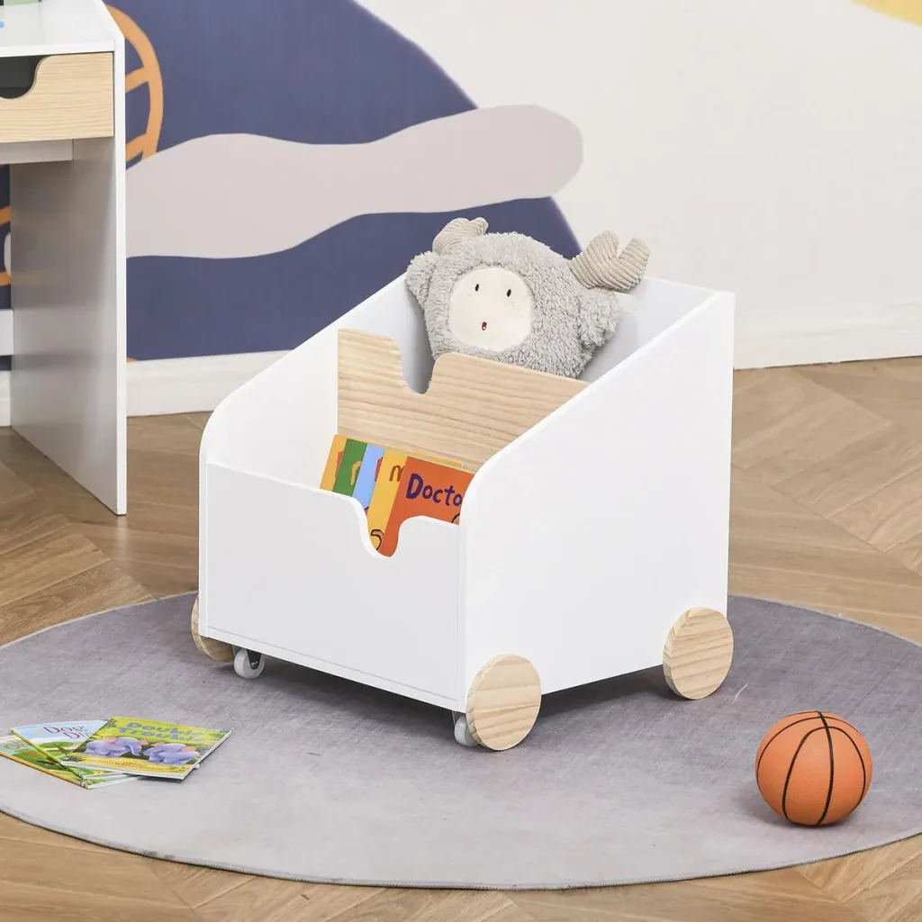 Kinderbücherregal mit Räder Bücherregal für Kinder Aufbewahrungsregal Spielzeugregal mit großem Stauraum MDF Kiefernholz