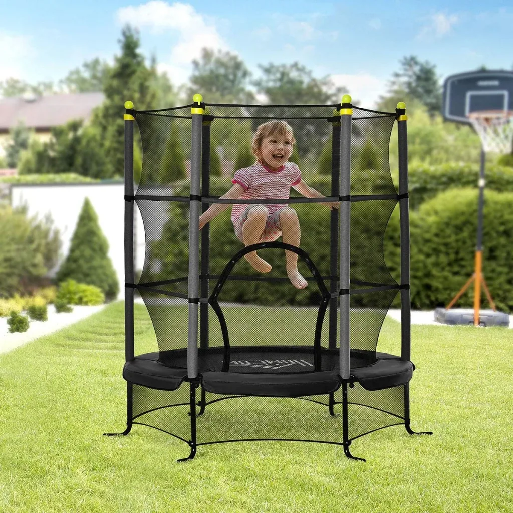 Trampolin für Kinder mit Sicherheitsnetz Randabdeckung Gummiseil gepolstert Stahl Schwarz Ø163 cm bis 45 kg