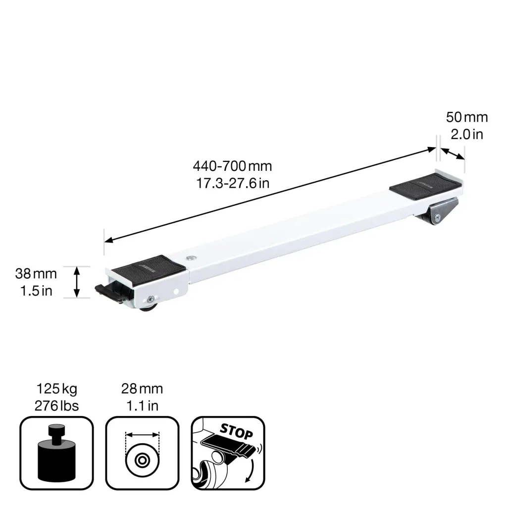 Transportschiene MM 1198 2 teilig, 45-70 cm, ausziehbar, 3 Lenk- & 3 Bockrollen Ø 30 mm, Feststeller, Tragkraft 125 kg