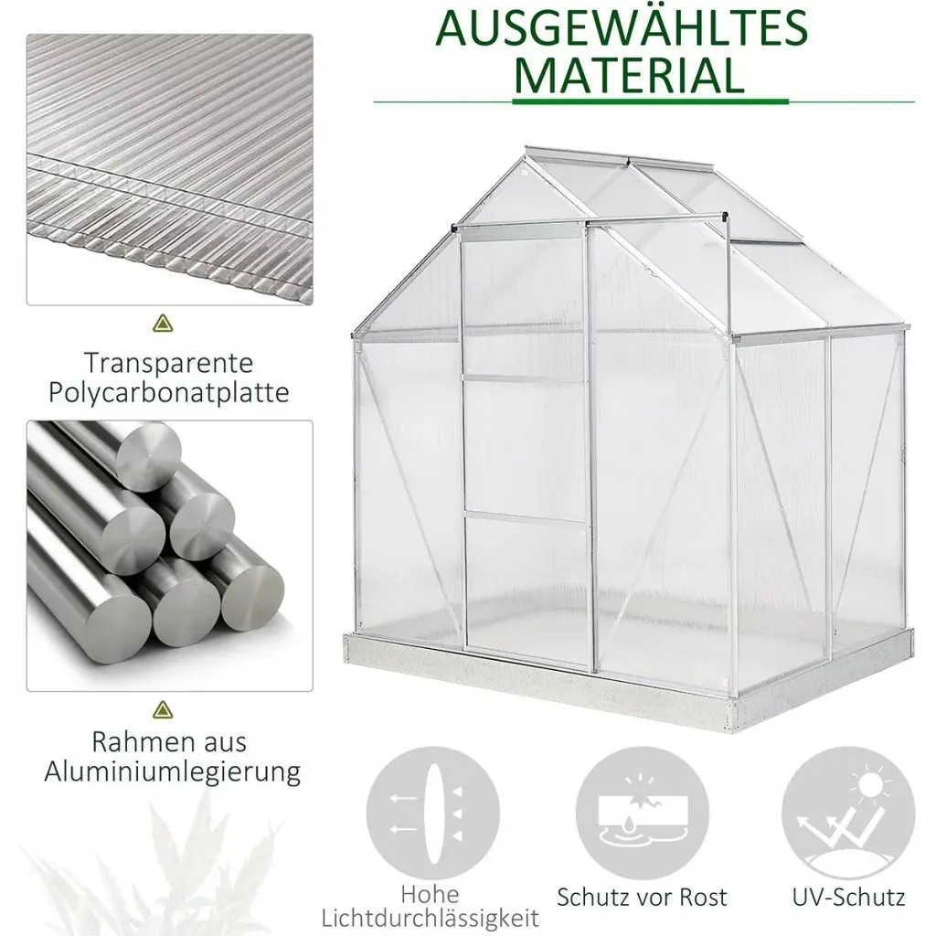 Aluminium Gewächshaus Gartenhaus mit Fenster Tür 193 x 126 x 205 cm 2,5 Pflanzenhaus inkl. Fundament Treibhaus Tomatenh