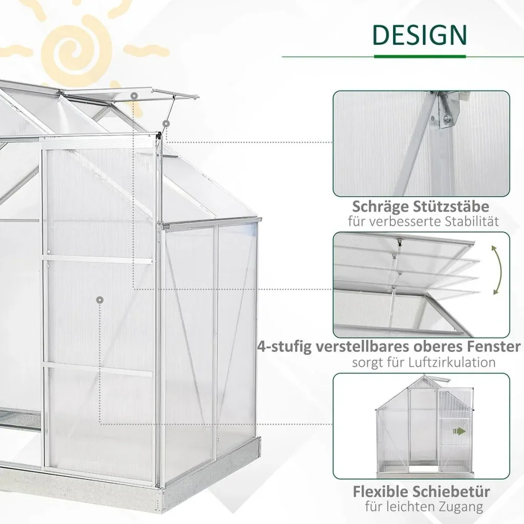 Aluminium Gewächshaus Gartenhaus mit Fenster Tür 193 x 126 x 205 cm 2,5 Pflanzenhaus inkl. Fundament Treibhaus Tomatenh