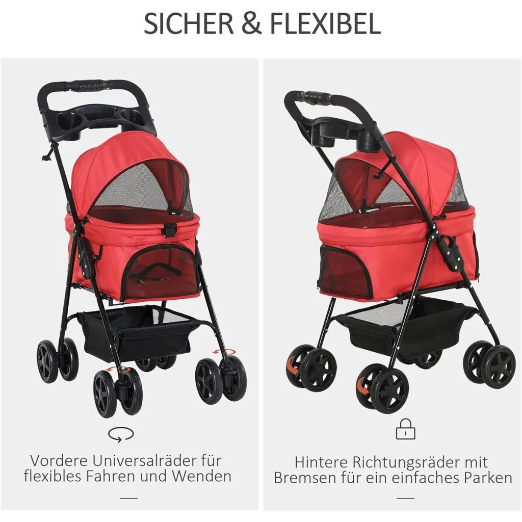 Hundebuggy mit Klappfunktion Hundewagen Buggy für Hunde und Katzen Haustierwagen Katzenbuggy Oxford Rot 67 x 45 x 96 cm
