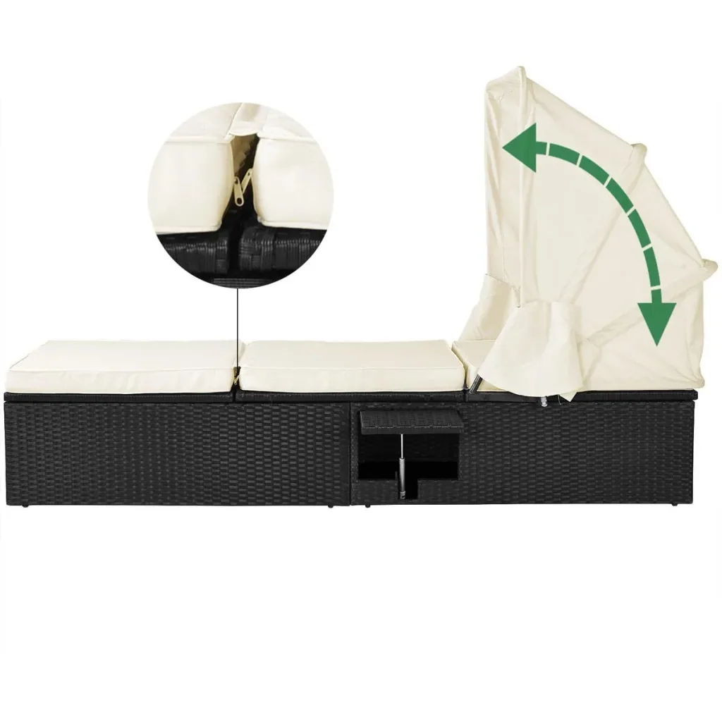Liege mit Schiebedach Polyrattan schwarz/cremeweiß 195 x 60 x 39/145cm