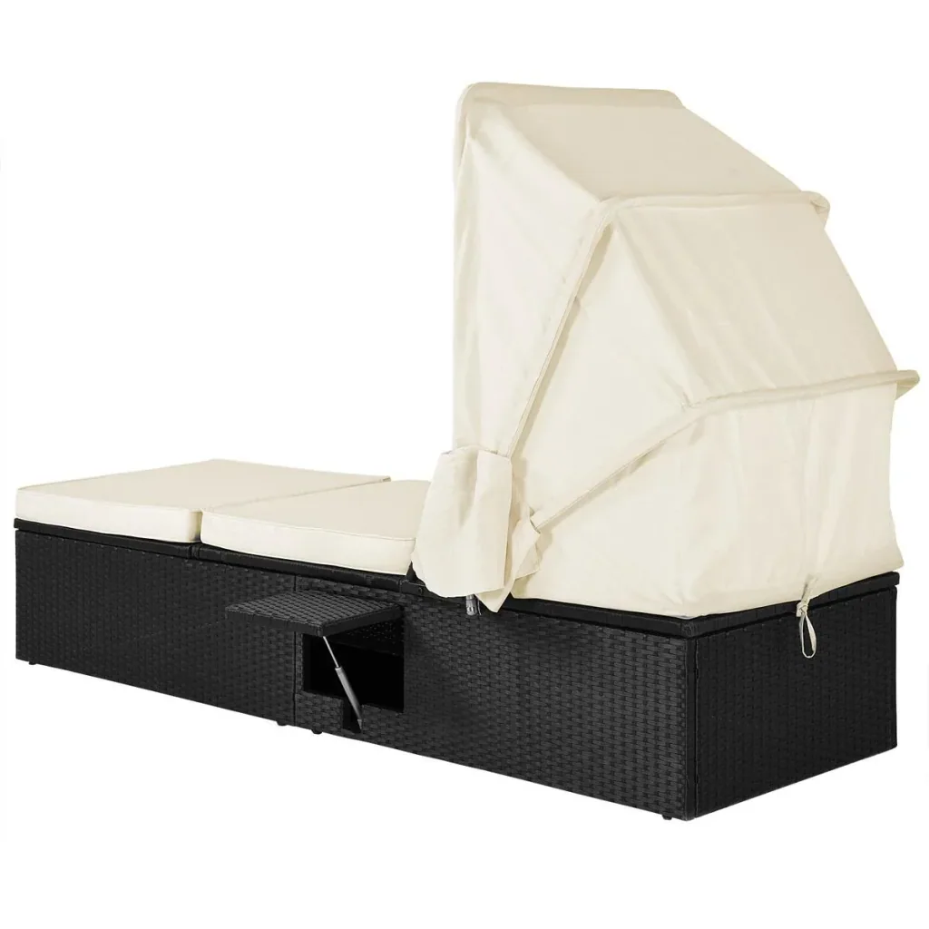 Liege mit Schiebedach Polyrattan schwarz/cremeweiß 195 x 60 x 39/145cm