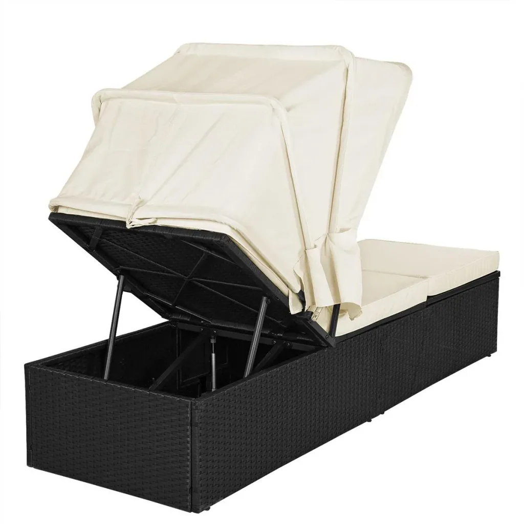 Liege mit Schiebedach Polyrattan schwarz/cremeweiß 195 x 60 x 39/145cm