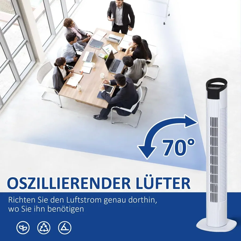 Turmventilator mit Fernsteuerung 70° Oszillierender Standventilator 78,5cm 50W 3 Modi & 3 Geschwindigkeiten Schwarz+Weiß