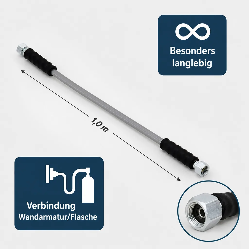 Hochdruckschlauch, Gasschlauch - CO2 für Wandarmatur, 1m - 2 x Sechskantmutter
