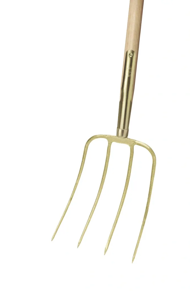 Dunggabel, 4 Zinken, Nord, goldfarben lackiert, Schienenzwinge, Eschen-Langstiel 135 cm