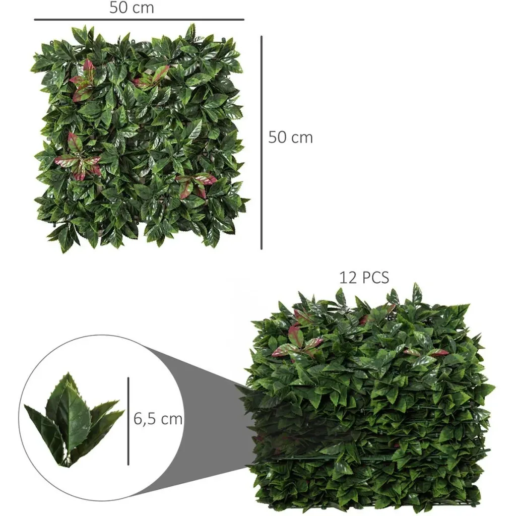 12 Stück künstliches Pflanzenwand Hecke 50x50 cm UV-Schutz Sichtschutz Glanzmispeln Design Heckenpflanze für Garten Outd