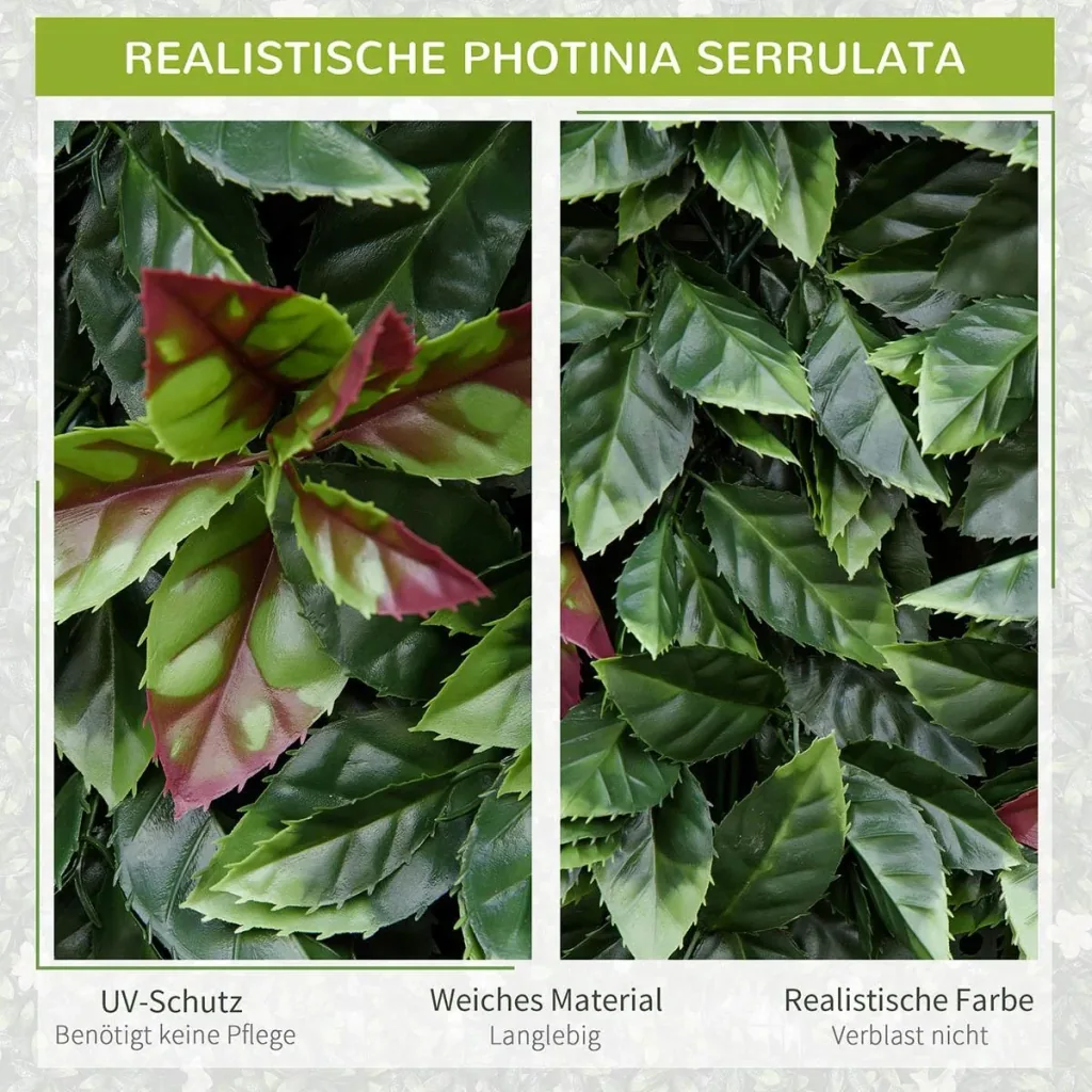 12 Stück künstliches Pflanzenwand Hecke 50x50 cm UV-Schutz Sichtschutz Glanzmispeln Design Heckenpflanze für Garten Outd