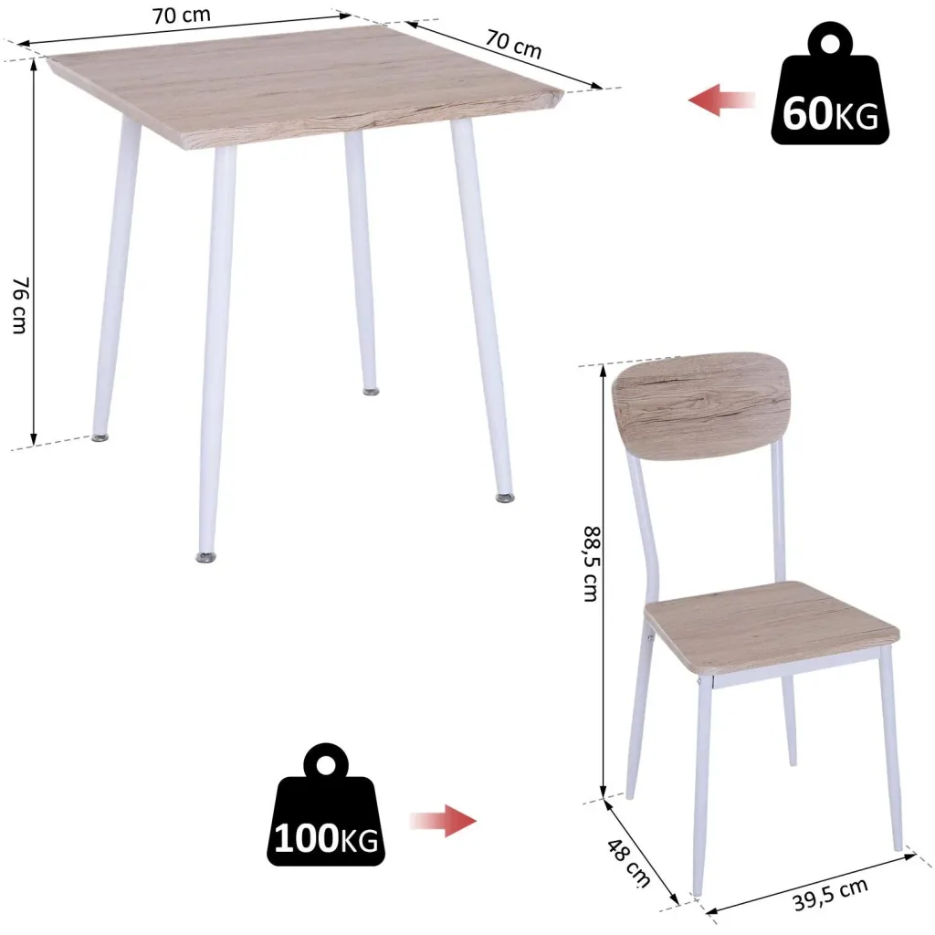 3-teilige Essgruppe Sitzgruppe Esstisch Set Holztisch Naturholzmaserung mit 1 Tisch + 2 Stühlen