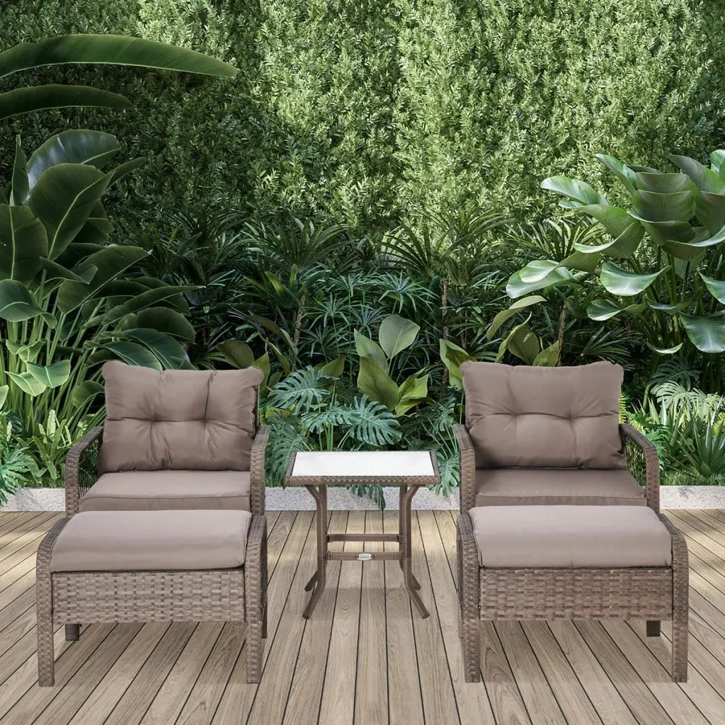 Rattan Gartenmöbel 5-teiliges Set Bank mit Hocker Tisch Stahl