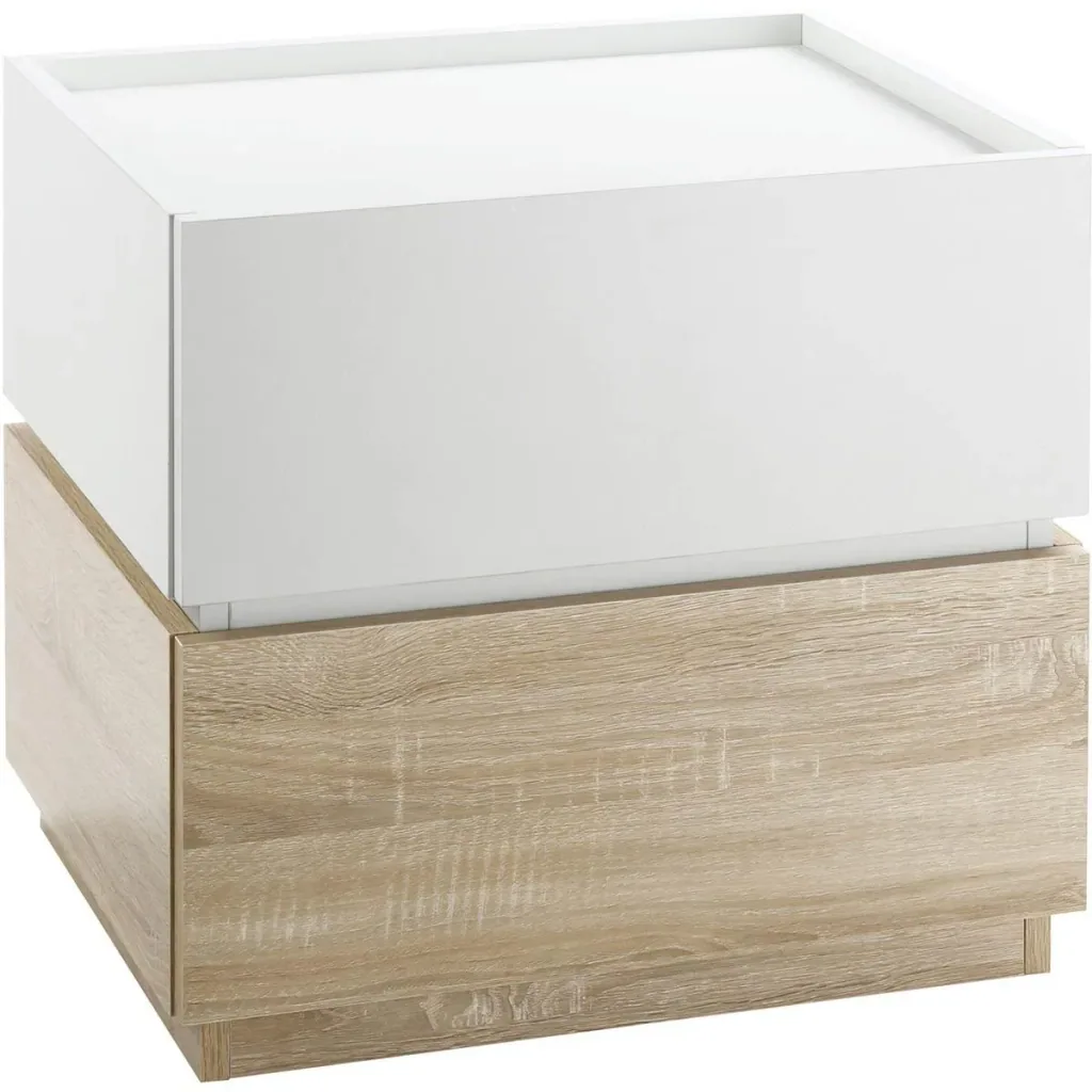 Nachttisch mit Schublade Nachtschrank stapelbar Schubladenschrank Schlafzimmer Nachtkommode Spanplatte Weiß+Natur 50 x 4