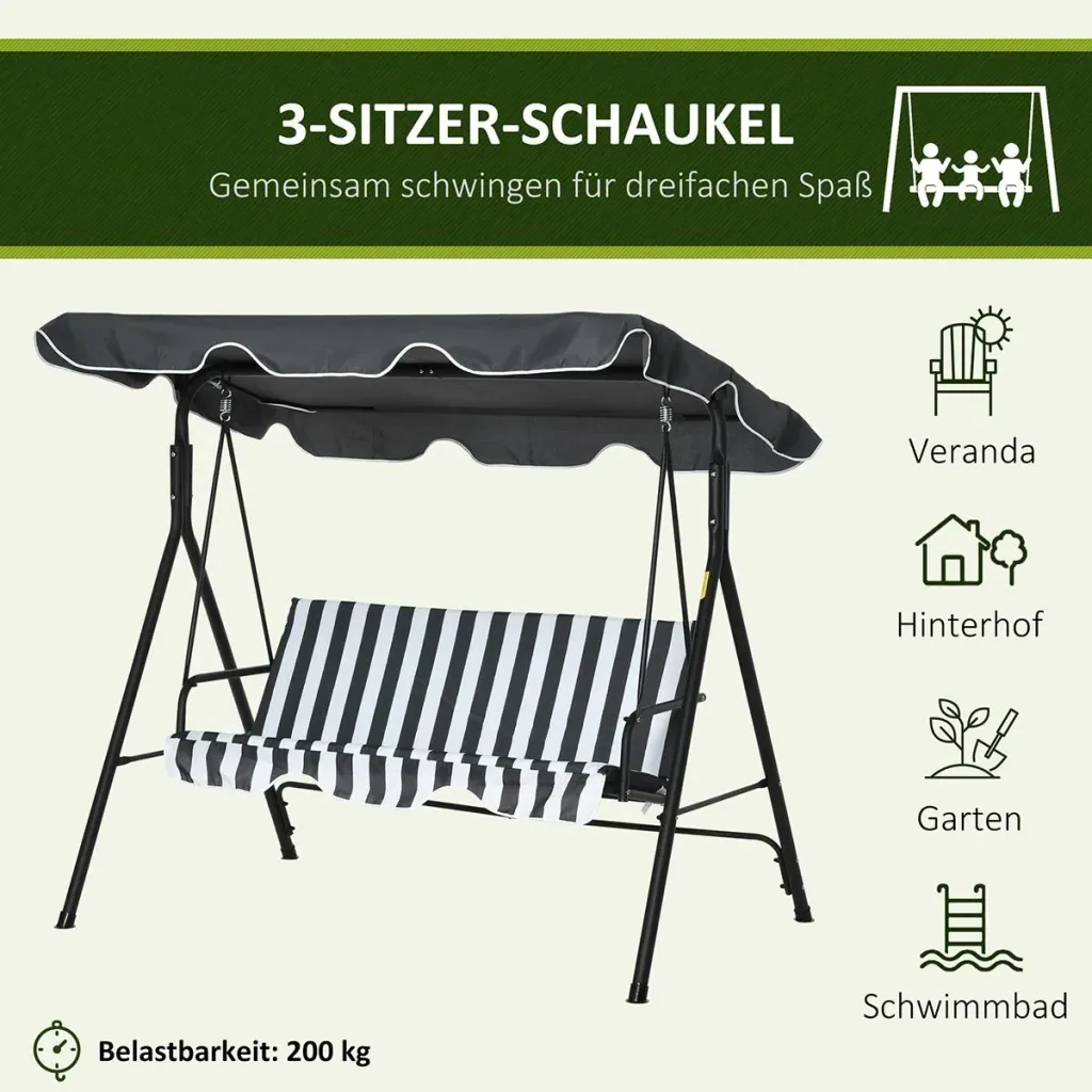 Hollywoodschaukel Gartenschaukel Schaukelbank 3-Sitzer mit Dach Stahl Grau+weiß 172 x 110 x 153 cm