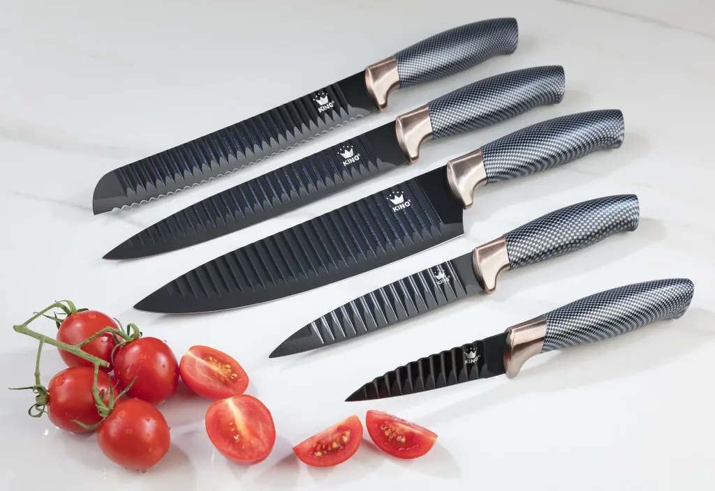 Messer-Set mit Messerblock, in Carbon-Optik, Schwarz/ Roségoldfarben, 6-teilig