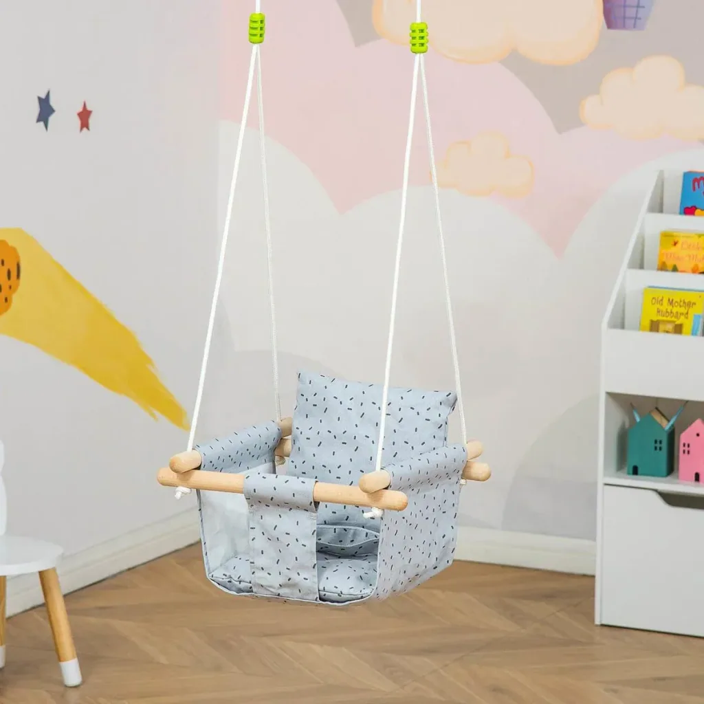 Kinderschaukel mit Sicherheitsgurt, Holzgestell, grau, 40 x 40 x 180