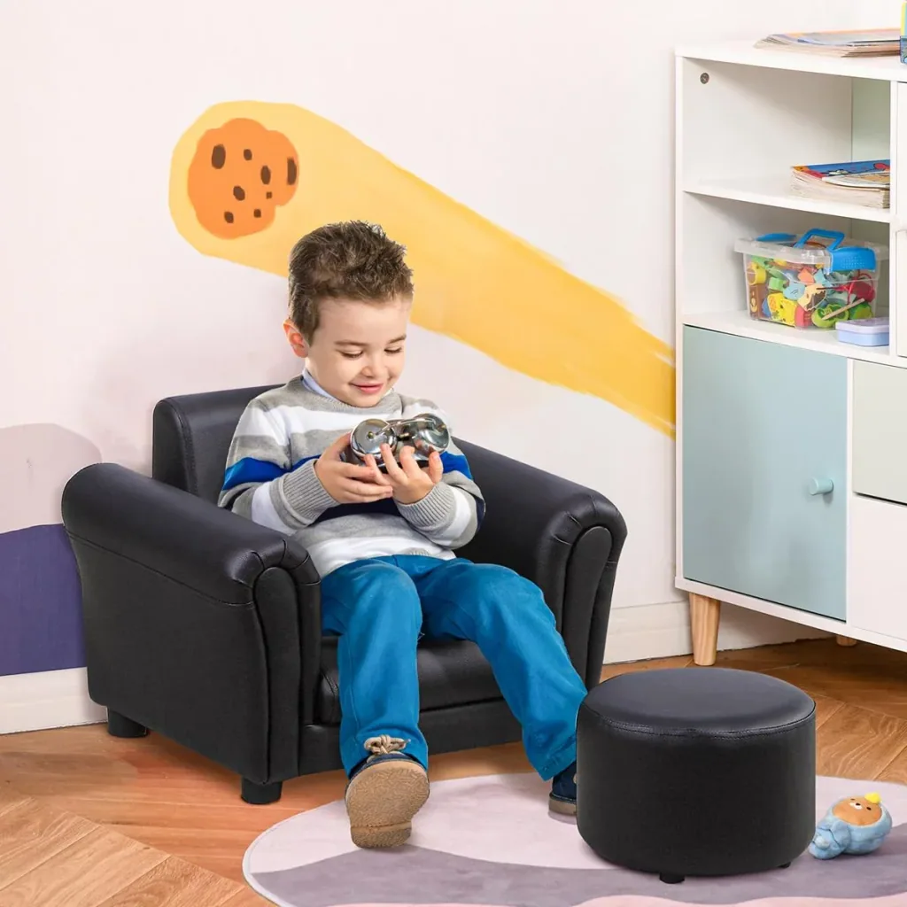 Kindersessel mit Fußhocker Kindercouch Kindersofa Minisofa Kindermöbel Holz Schwarz