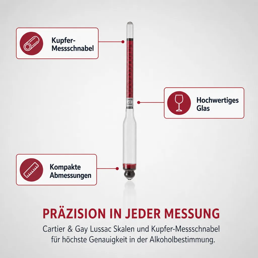 Alkoholmessgerät, Alkoholmeter, Alkoholspindel mit Cartier & Gay Lussac Skala: Kupfer-Messschnabel für exakte Destillationsergebnisse