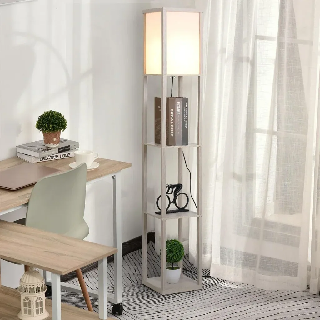 Stehleuchte Stehlampe mit 3 Regalen Innenbeleuchtung E27 bis 40W für Wohn-/Schlafzimmer E1-MDF, Acryl Eiche+Weiß 26 x 26