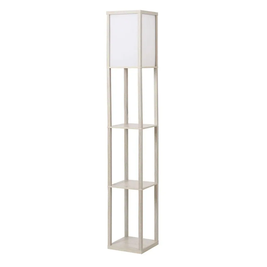 Stehleuchte Stehlampe mit 3 Regalen Innenbeleuchtung E27 bis 40W für Wohn-/Schlafzimmer E1-MDF, Acryl Eiche+Weiß 26 x 26