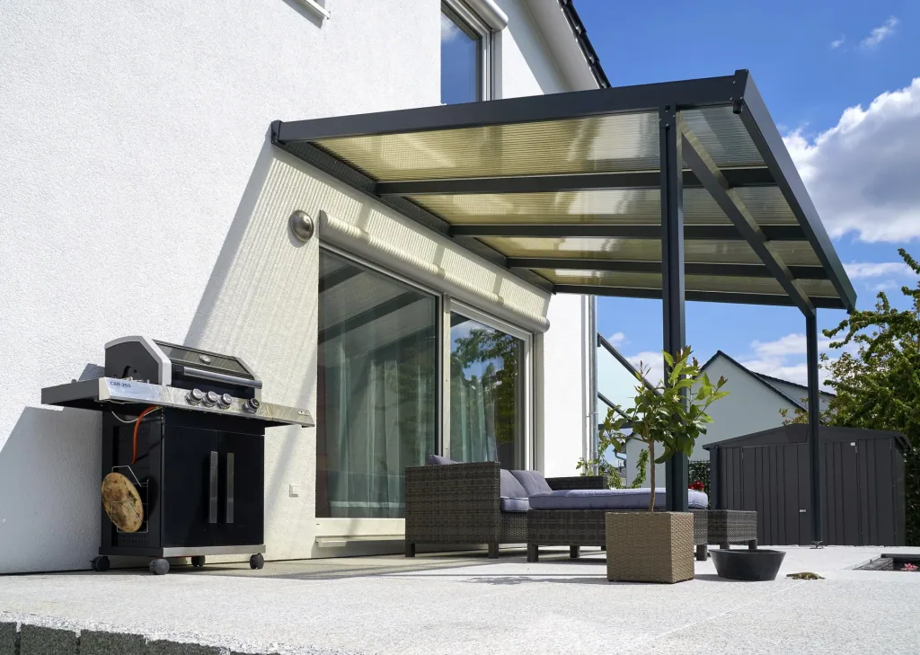 Terrassendach Premium, anthrazit, 4102 x 4060 mm - Acryl Stegplatten 16mm, bronze