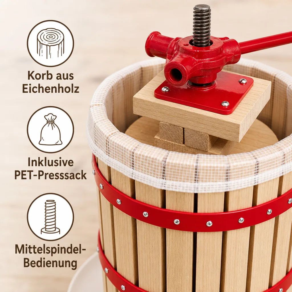 Saftpresse, Obstpresse, Weinpresse, Apfelpresse - Korb aus Holz 12L