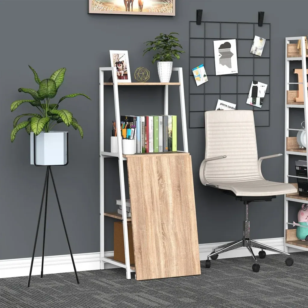 Schreibtisch klappbar mit 4 Tier Bücherregal, Computertisch, Bürotisch, E1 Spanplatte, Metallrahmen, Natur+Weiß, 106 x 4