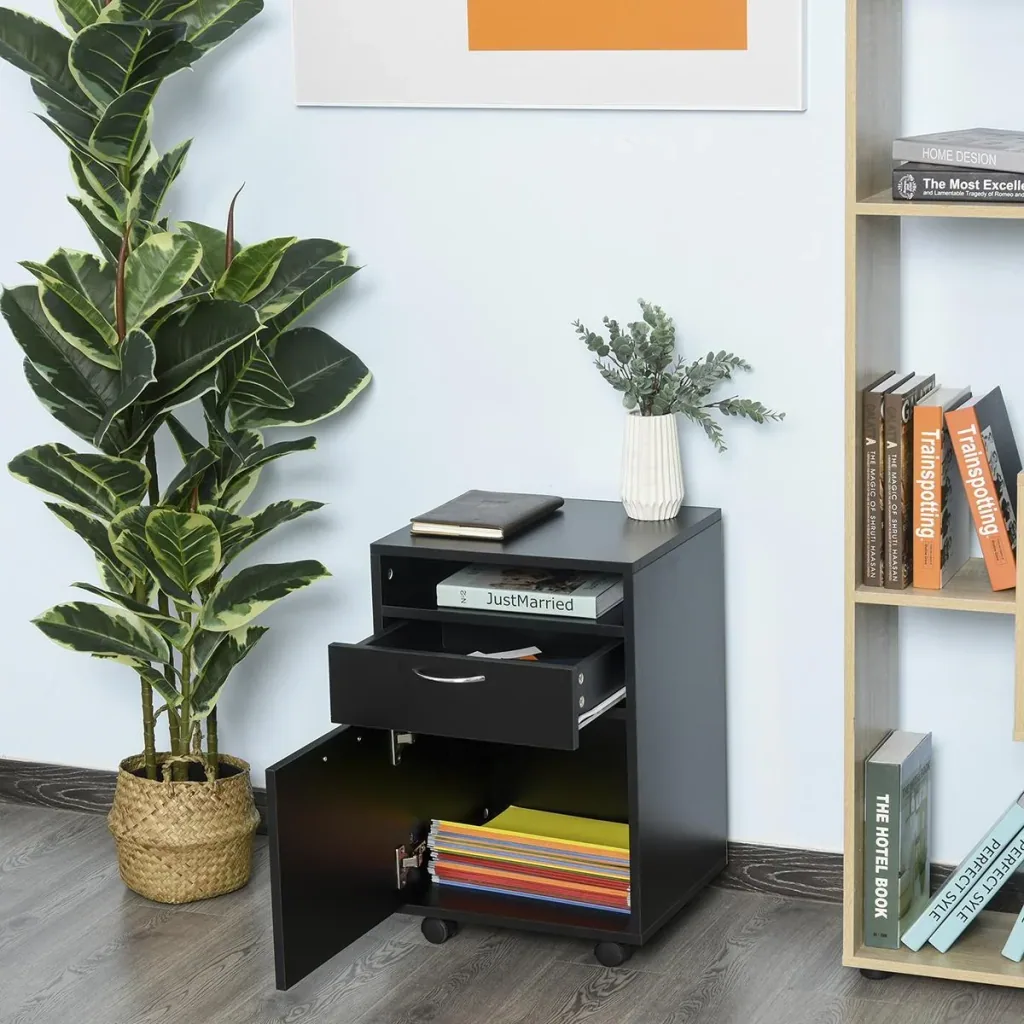 Rollcontainer, Aktenschrank, Bürocontainer mit Schublade, Büroschrank, Aufbewahrung Container, Spanplatte, Schwarz, 40 x