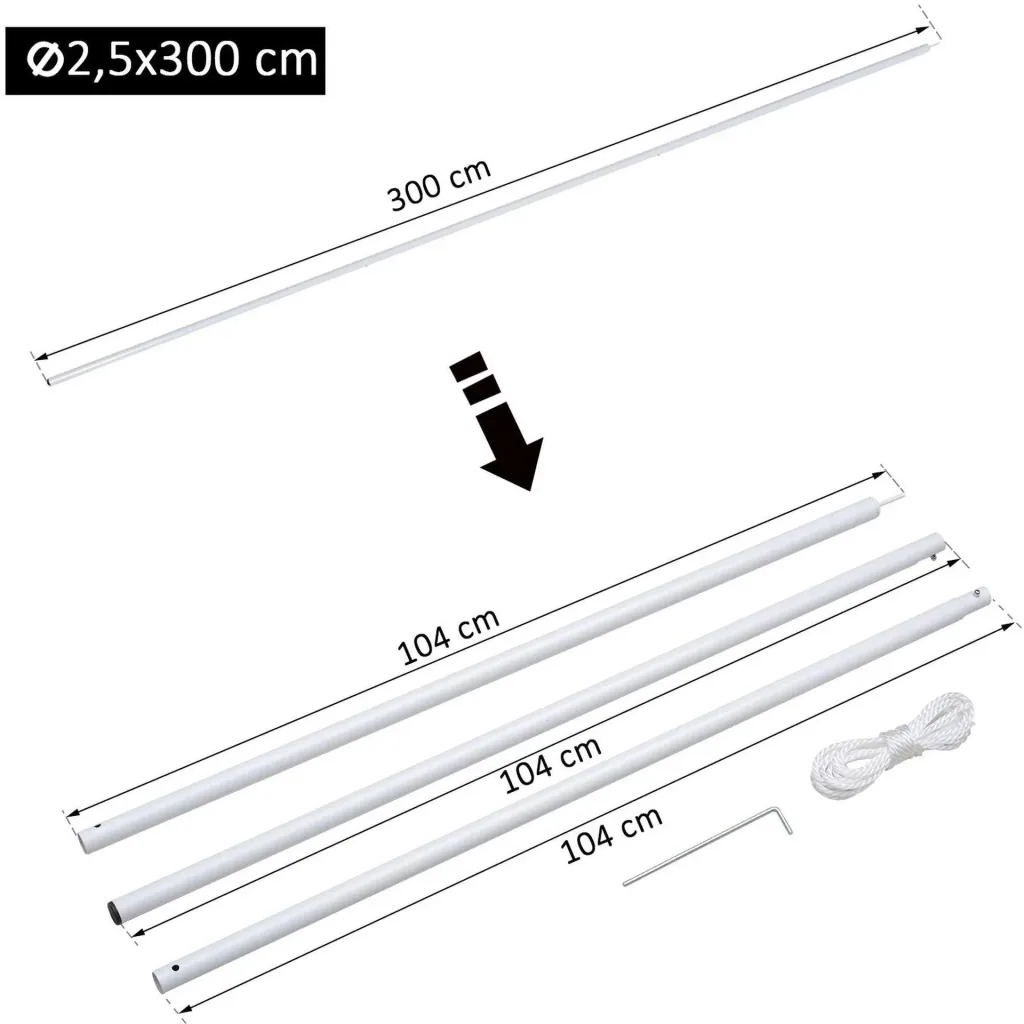 Aufstellstange 3 stk, Teleskopstange für Markise Sonnensegel inkl, Seil + Heringe Metall Weiß ?25 x 104 cm