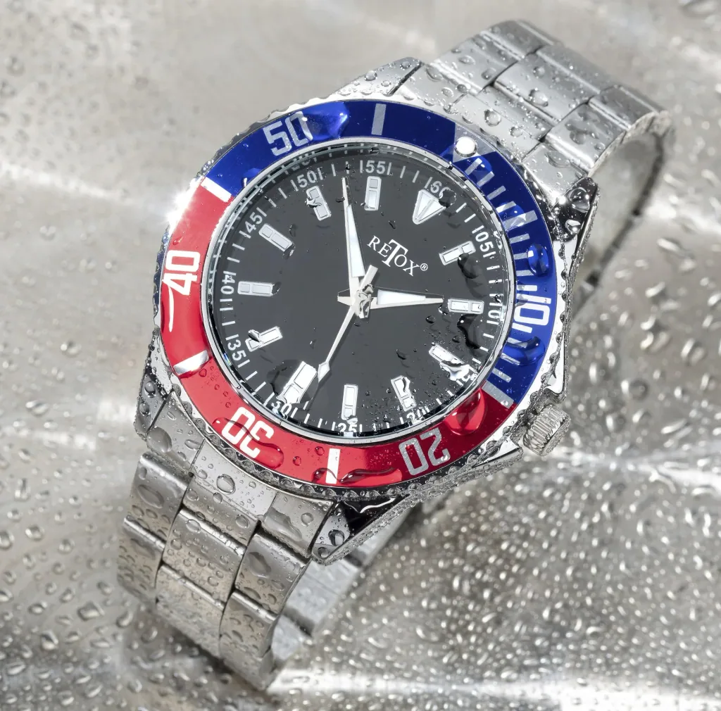 Herren-Armbanduhr, "Retox-Master" mit 2 farbiger Lünette und Edelstahlband, 3 bar wasserdicht