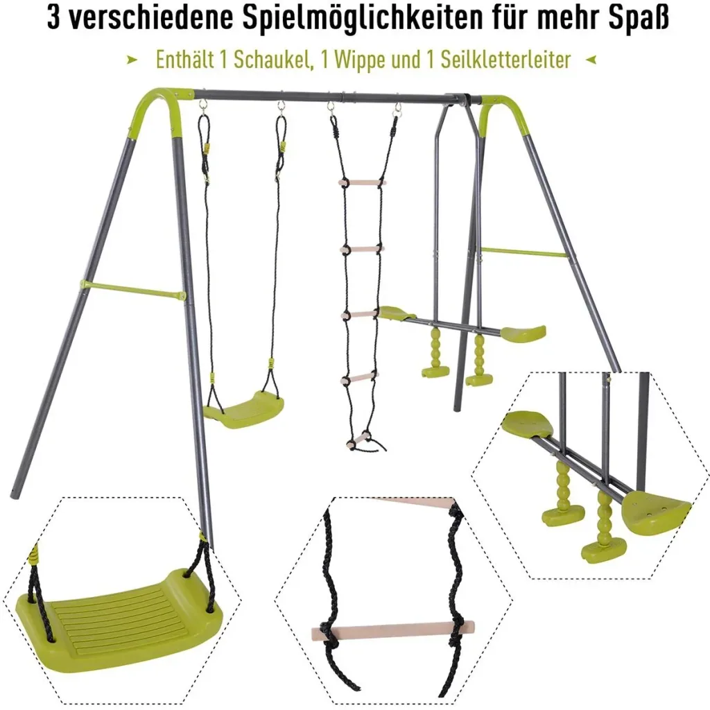 Kinder Gartenschaukel mit Wippe und Seilleiter schwarz/hellgrün