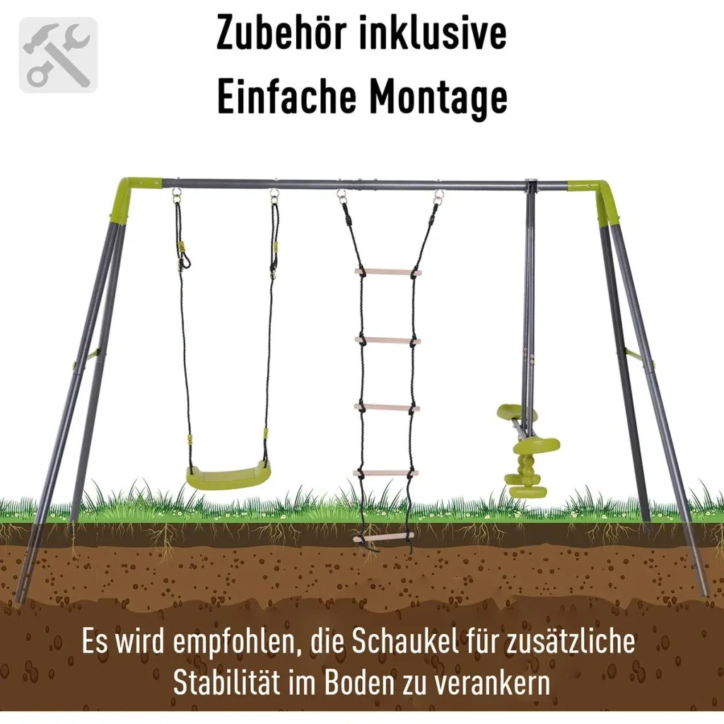 Kinder Gartenschaukel mit Wippe und Seilleiter schwarz/hellgrün
