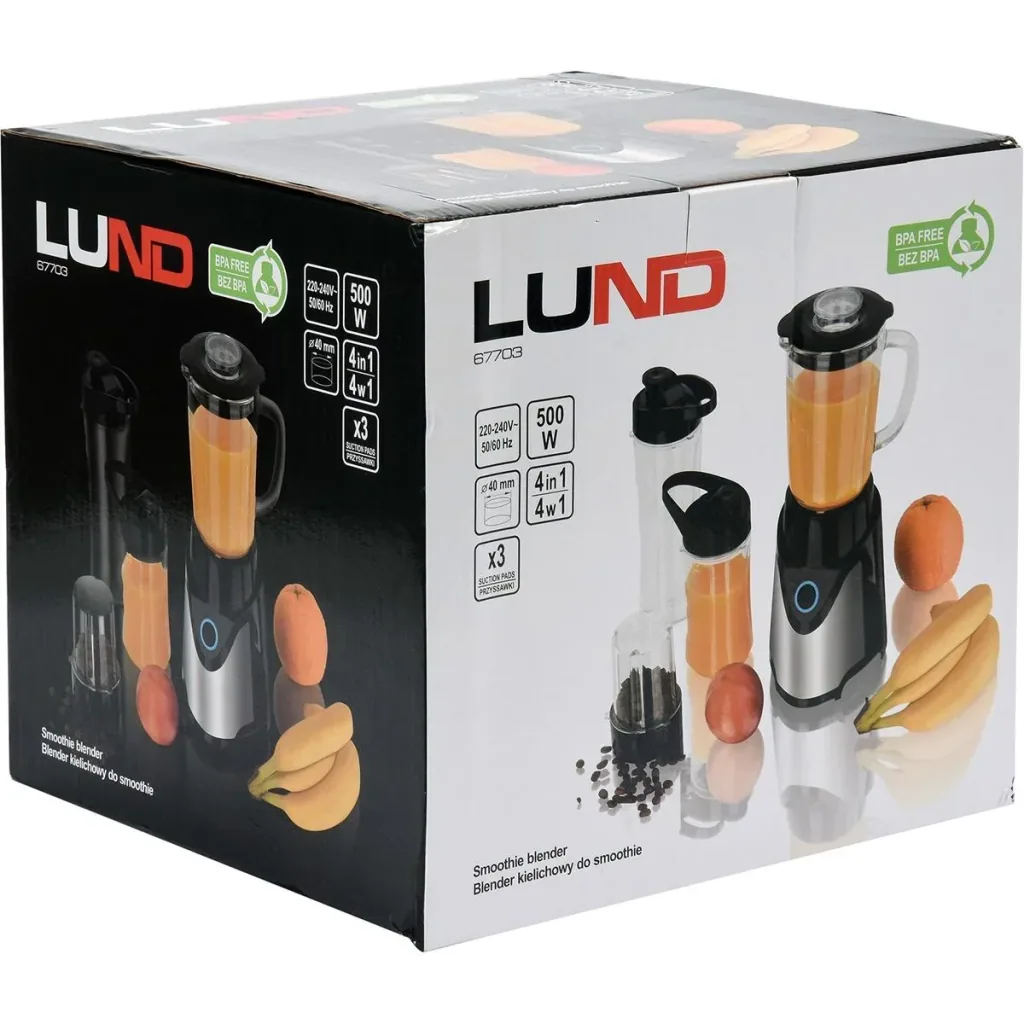LUND Smoothie Mixer - 500W - 240V - 14x14x34,5cm (Länge x Breite x Höhe) mit 2 Flaschen