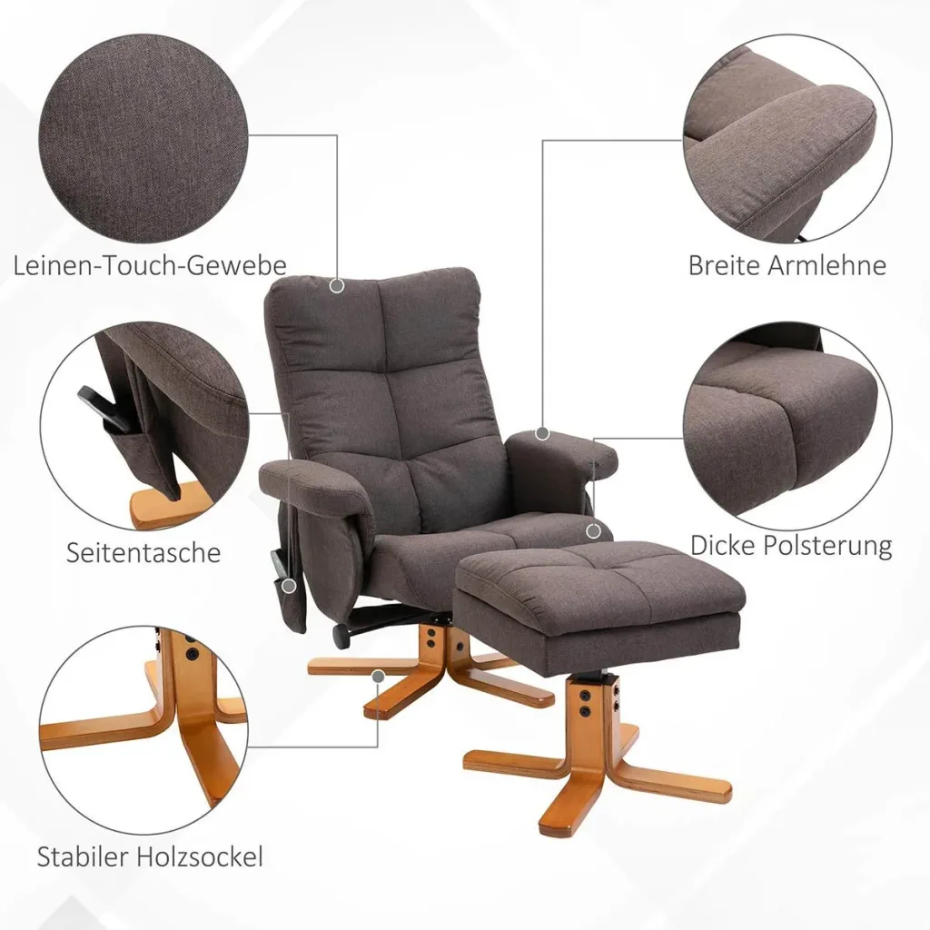 Massagesessel mit Fußhocker Relaxsessel Fernsehsessel TV Sessel 145°-Neigung Polyester Braun 80 x 86 x 99 cm
