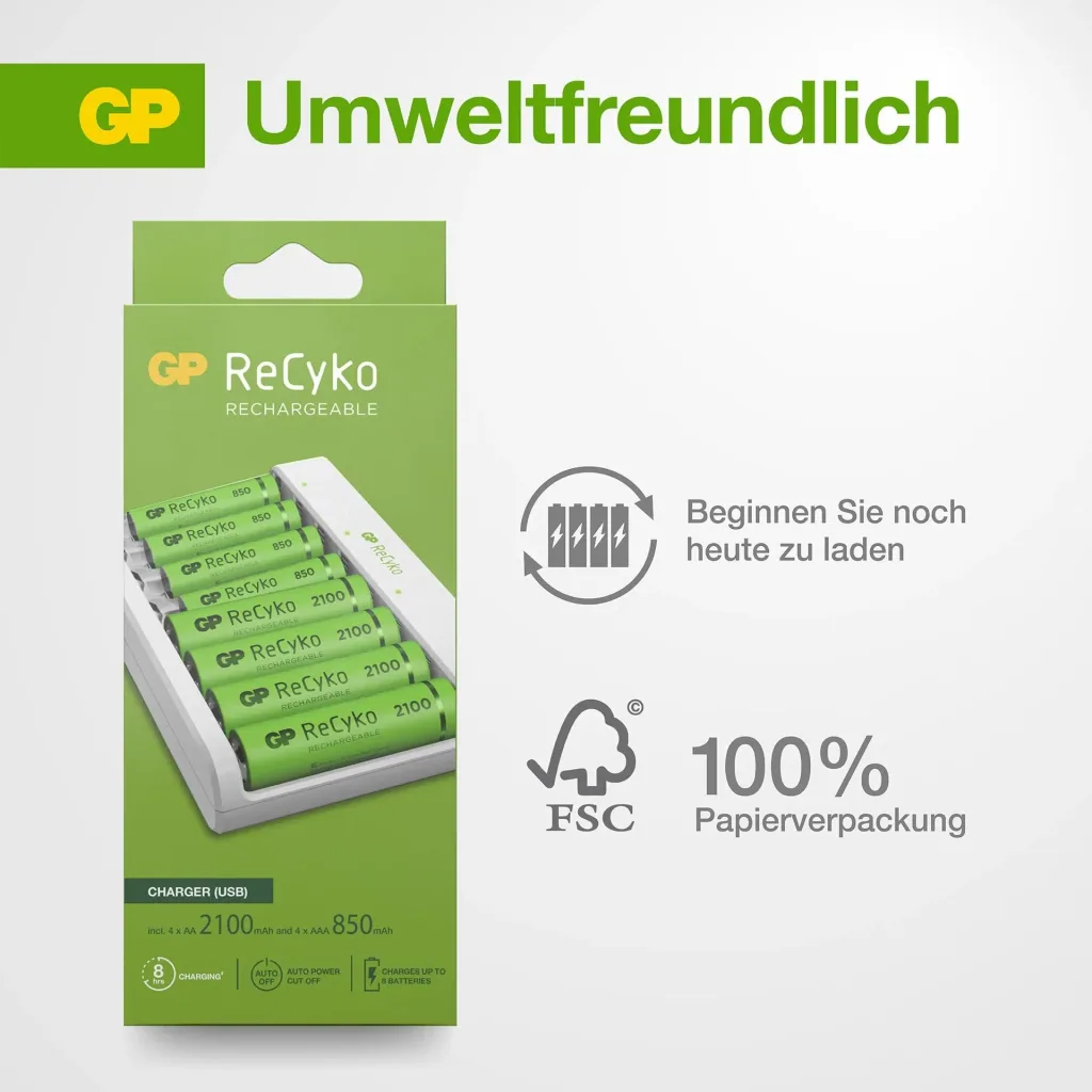 USB Ladegerät für 8 AA/AAA NiMH Akkus inkl. 4 ReCyko Mignon Akkus 2100 mAh + 4 ReCyko Micro Akkus 850 mAh